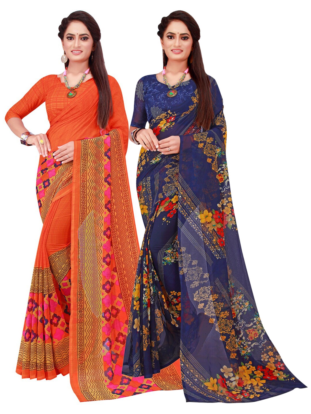 

KALINI Red & Navy Blue Printed Pure Georgette Saree Pack Of 2, Orange