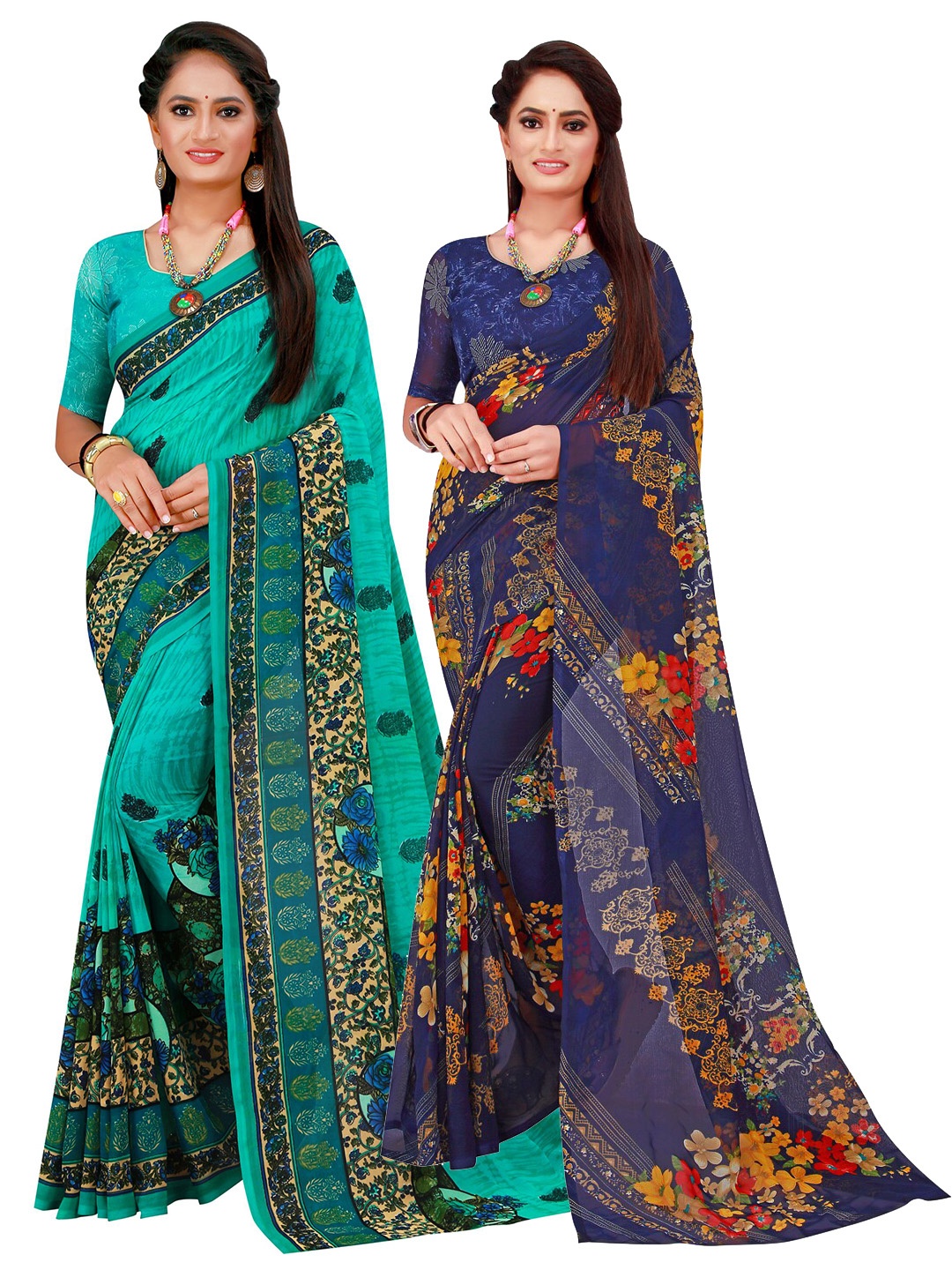 

KALINI Pack of 2 Navy Blue & Turquoise Blue Floral Printed Pure Georgette Saree
