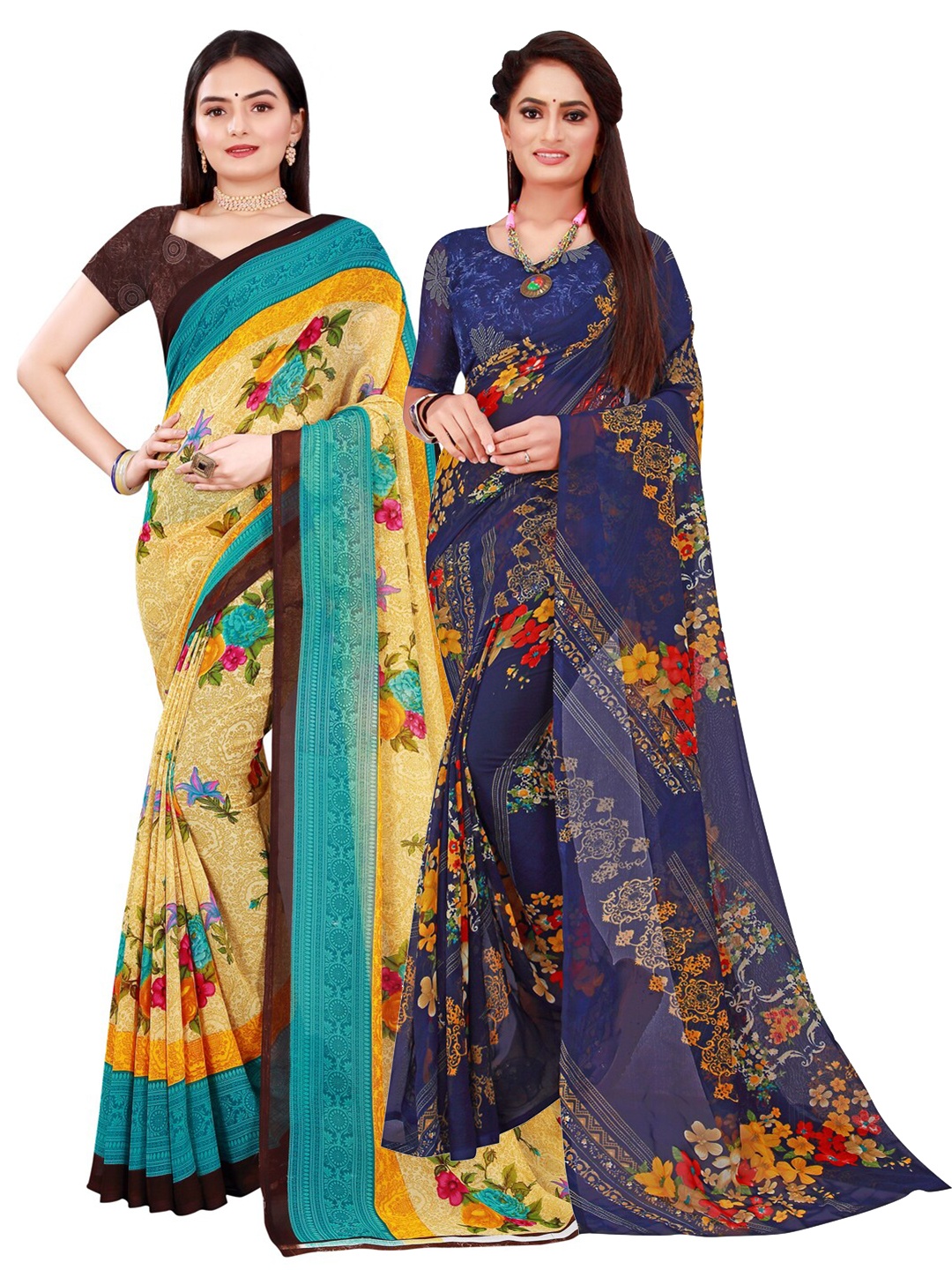 

KALINI Set Of 2 Navy Blue & Beige Floral Pure Georgette Saree