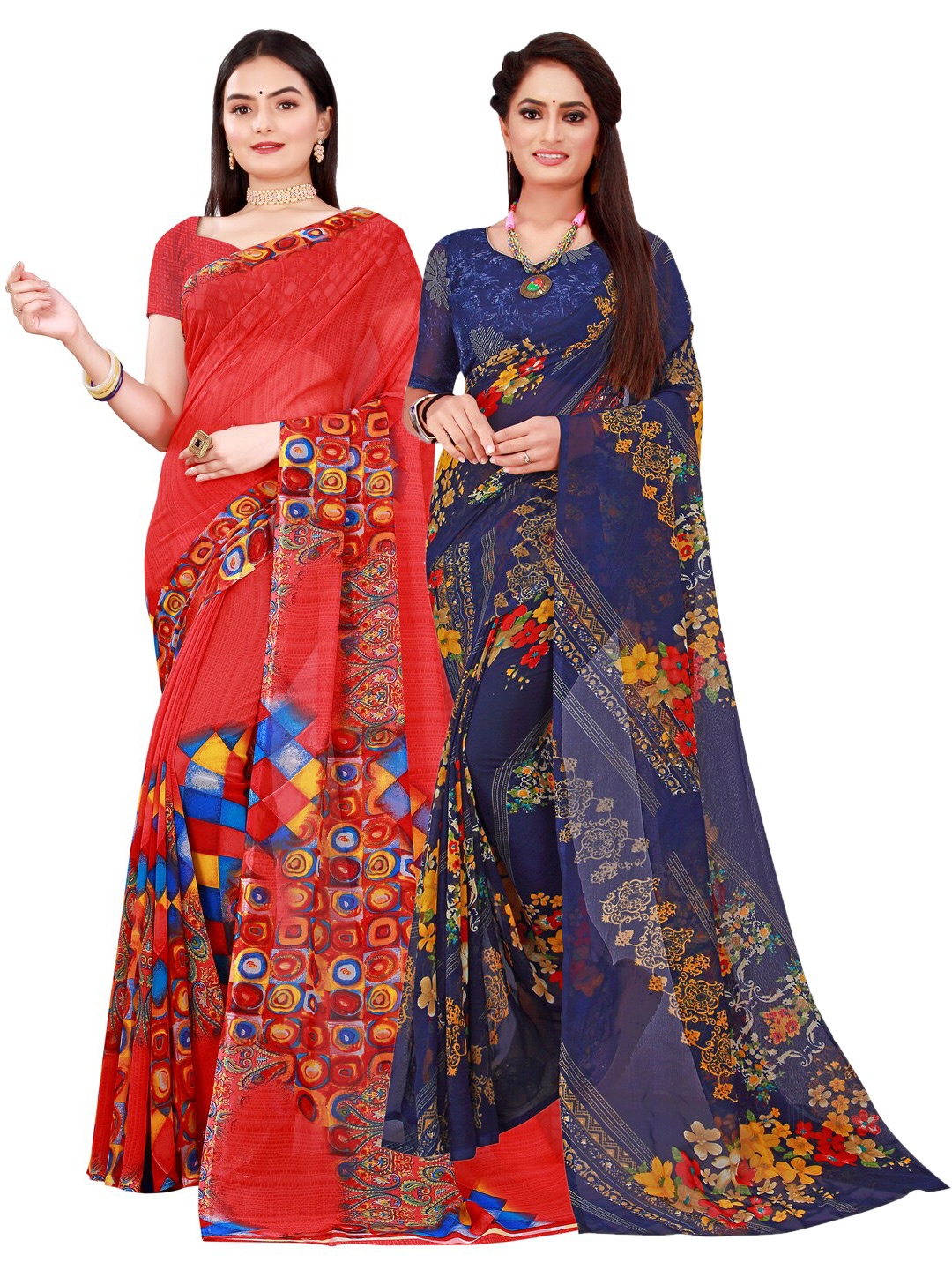 

KALINI Pack of 2 Red & Navy Blue Floral Pure Georgette Sarees