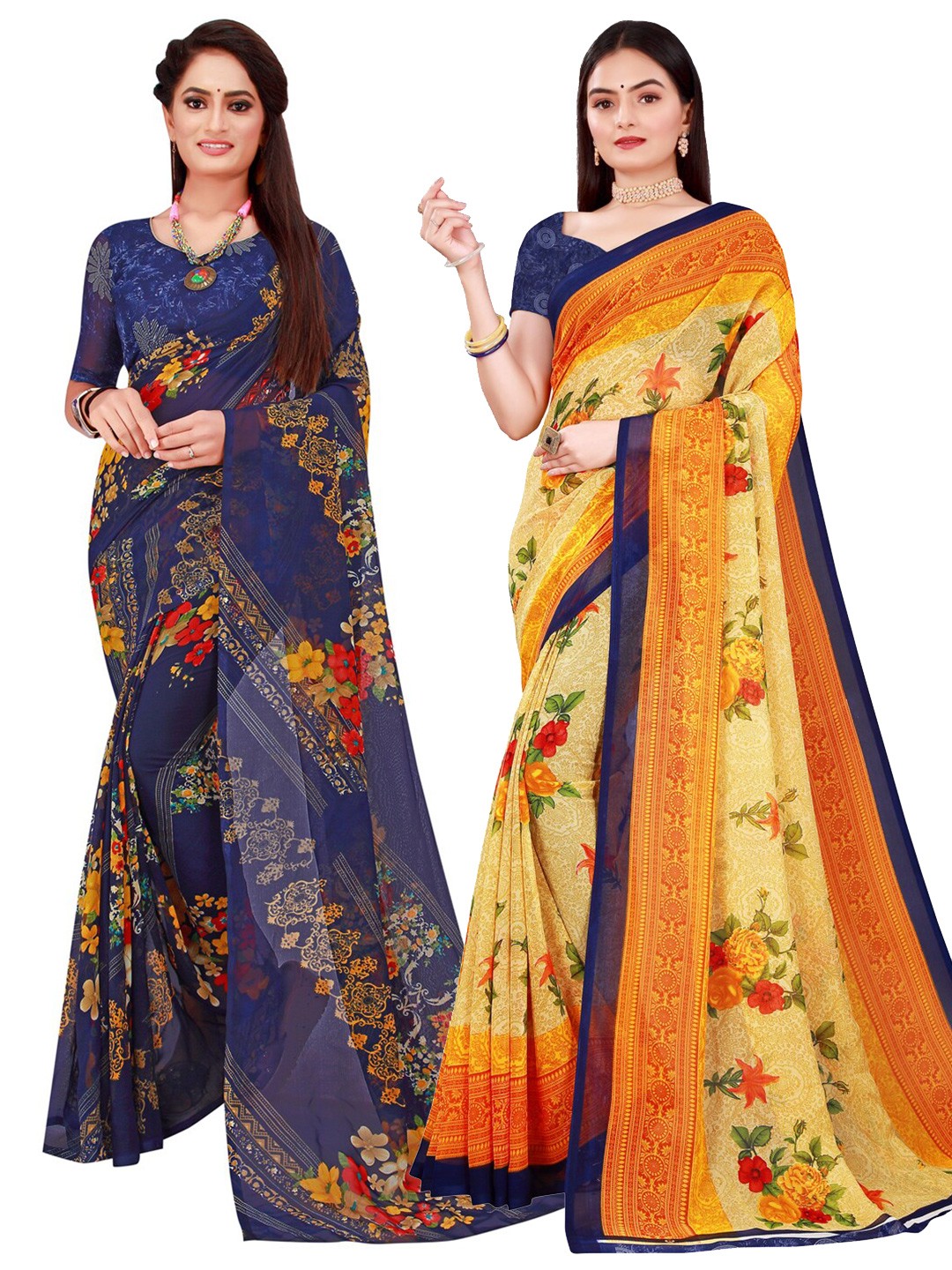 

KALINI Yellow & Navy Blue Set Of 2 Floral Pure Georgette Saree