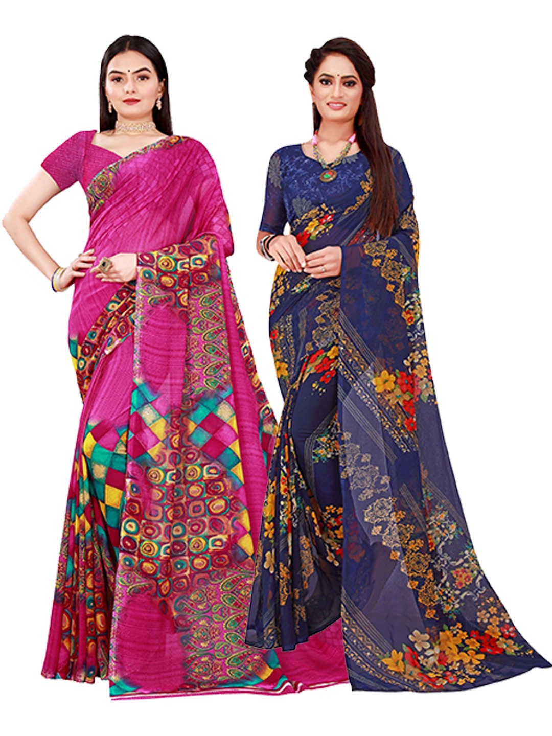 

KALINI Magenta & Navy Blue Floral Pure Georgette Saree