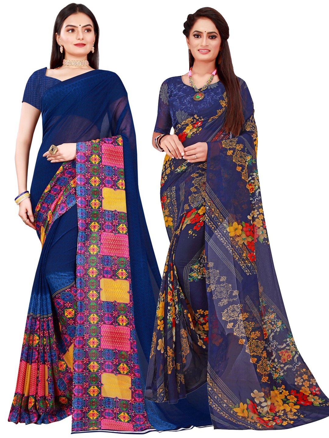 

KALINI Pack of 2 Navy Blue & Red Floral Printed Pure Georgette Saree