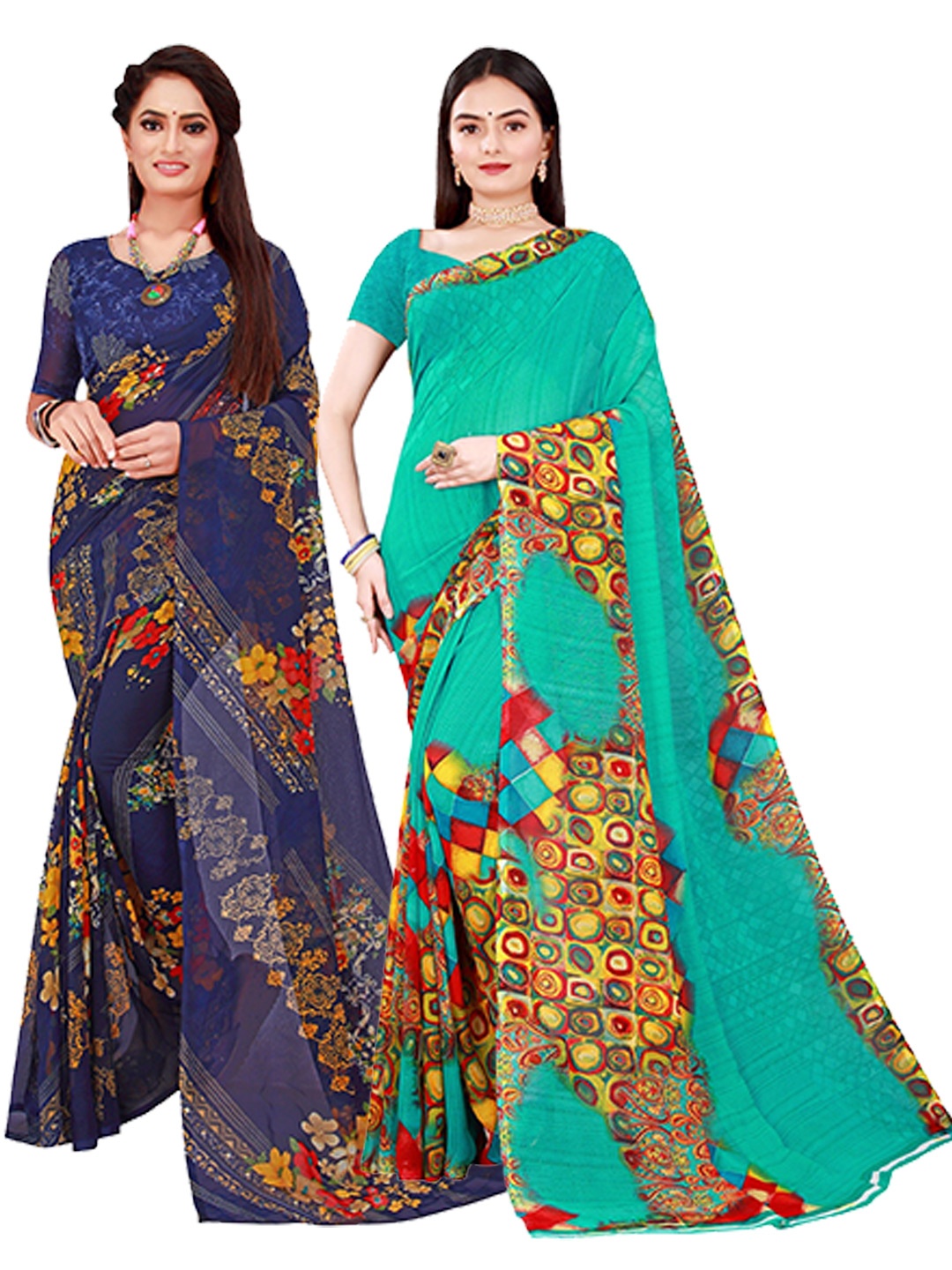 

KALINI Pack Of 2 Navy Blue & Red Floral Pure Georgette Saree