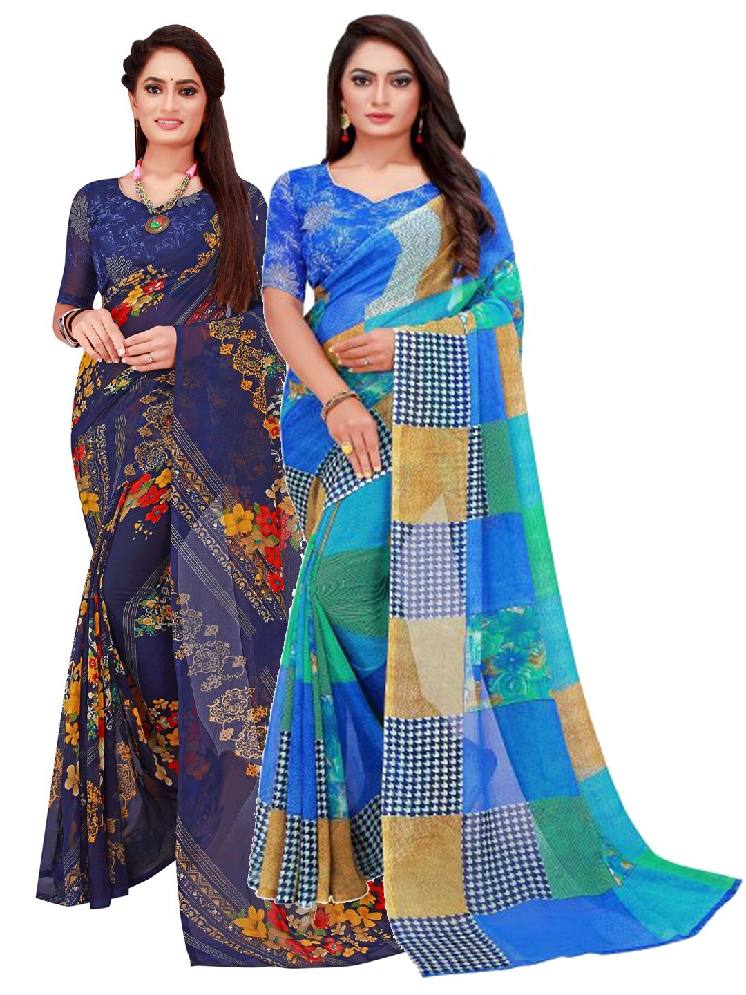 

KALINI Pack of 2 Blue & Navy Blue Floral Pure Georgette Sarees