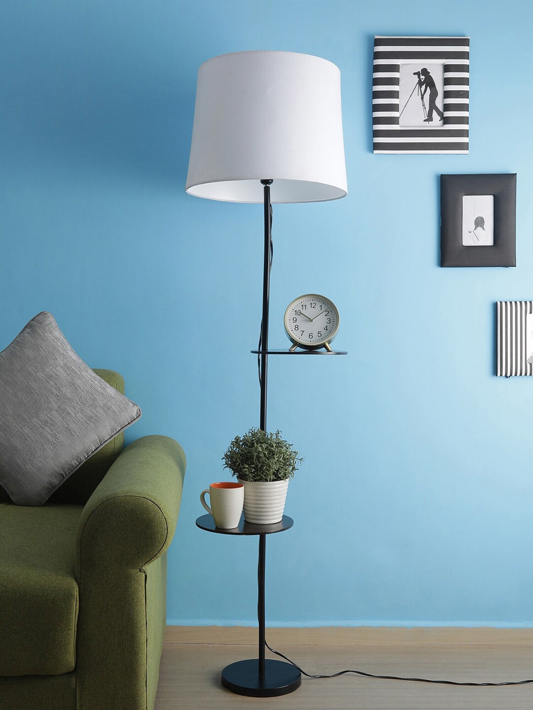 

SANDED EDGE Black Metal Floor Lamp With 2 Side Shelves, White