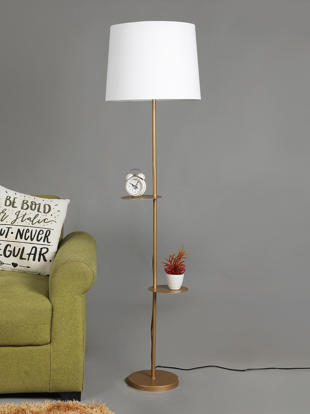 

SANDED EDGE White & Gold-Toned Frustum Shaped Metal Floor Lamp with Shade & Shelves