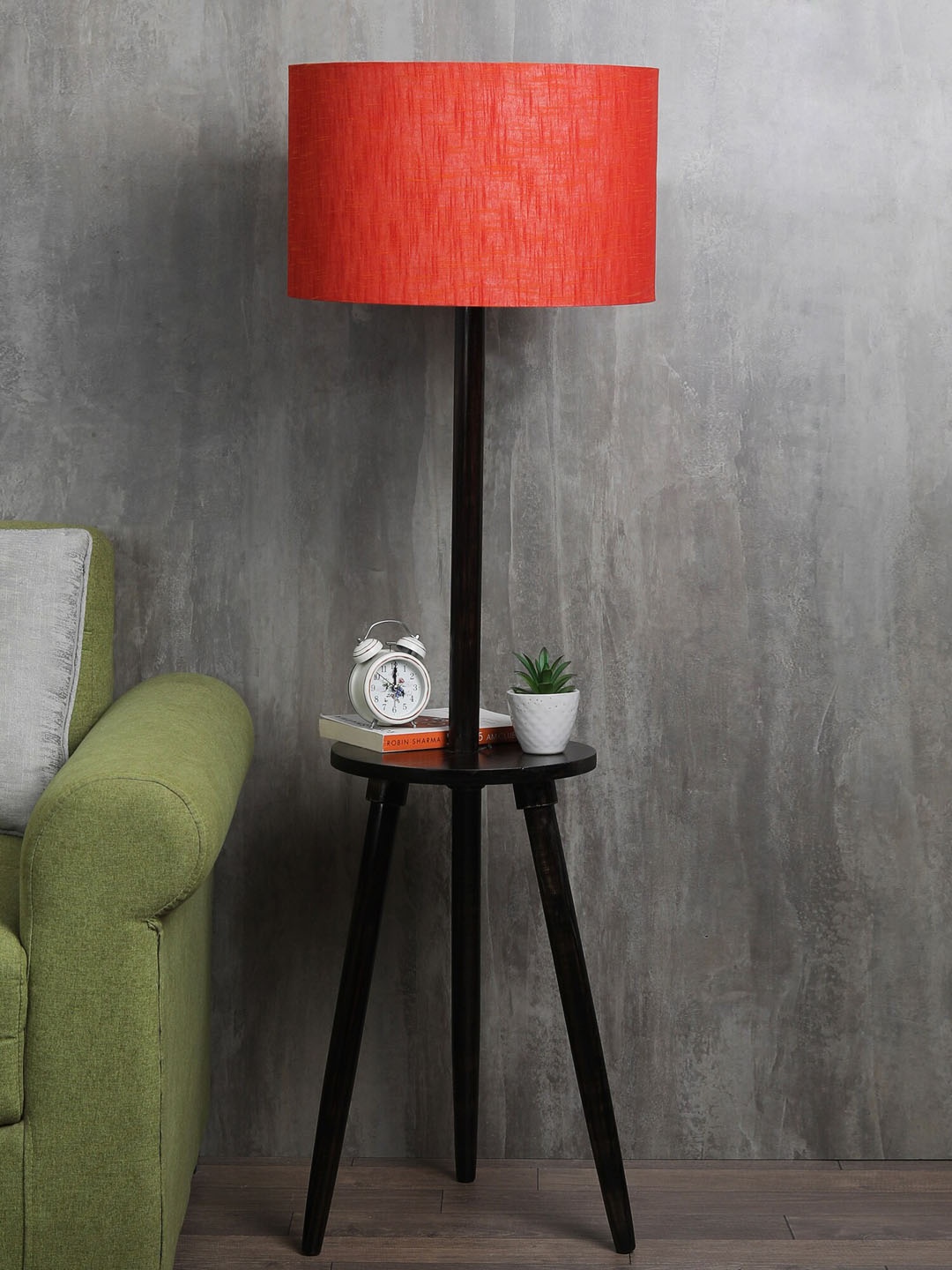 

SANDED EDGE Red & Brown Cylindrical Shaped Wooden Floor Lamp with Shade & Shelves