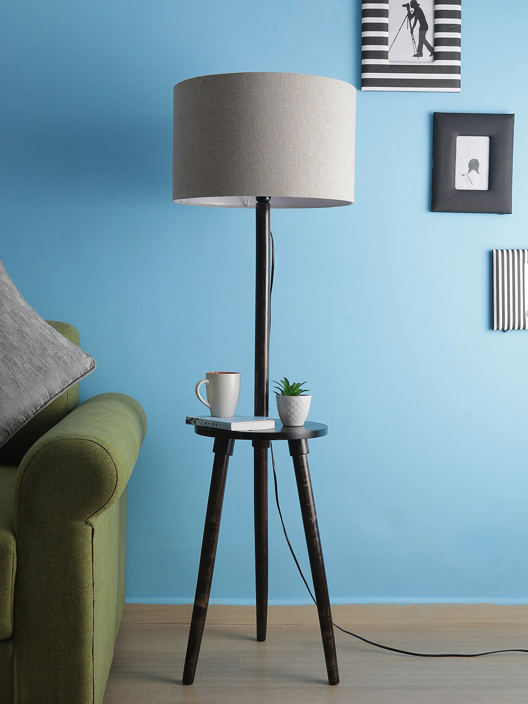 

SANDED EDGE Grey Decor Side Lamp with Wooden Shelf