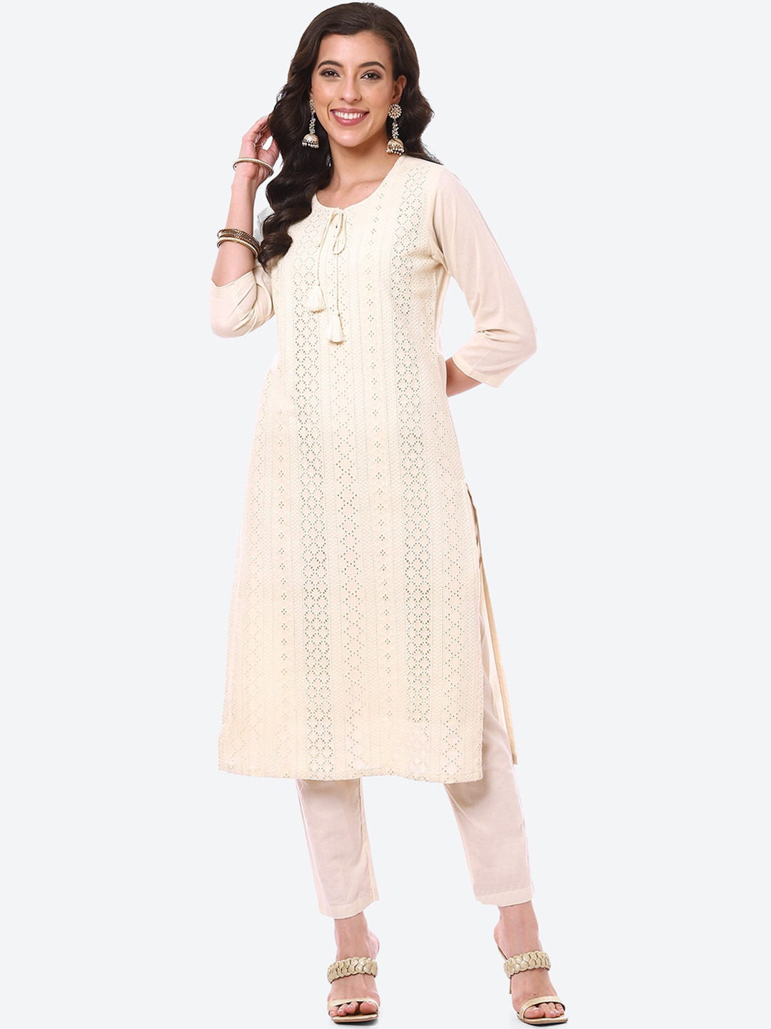 

Meena Bazaar Women Cream-Coloured Pure Cotton Kurta with Trousers