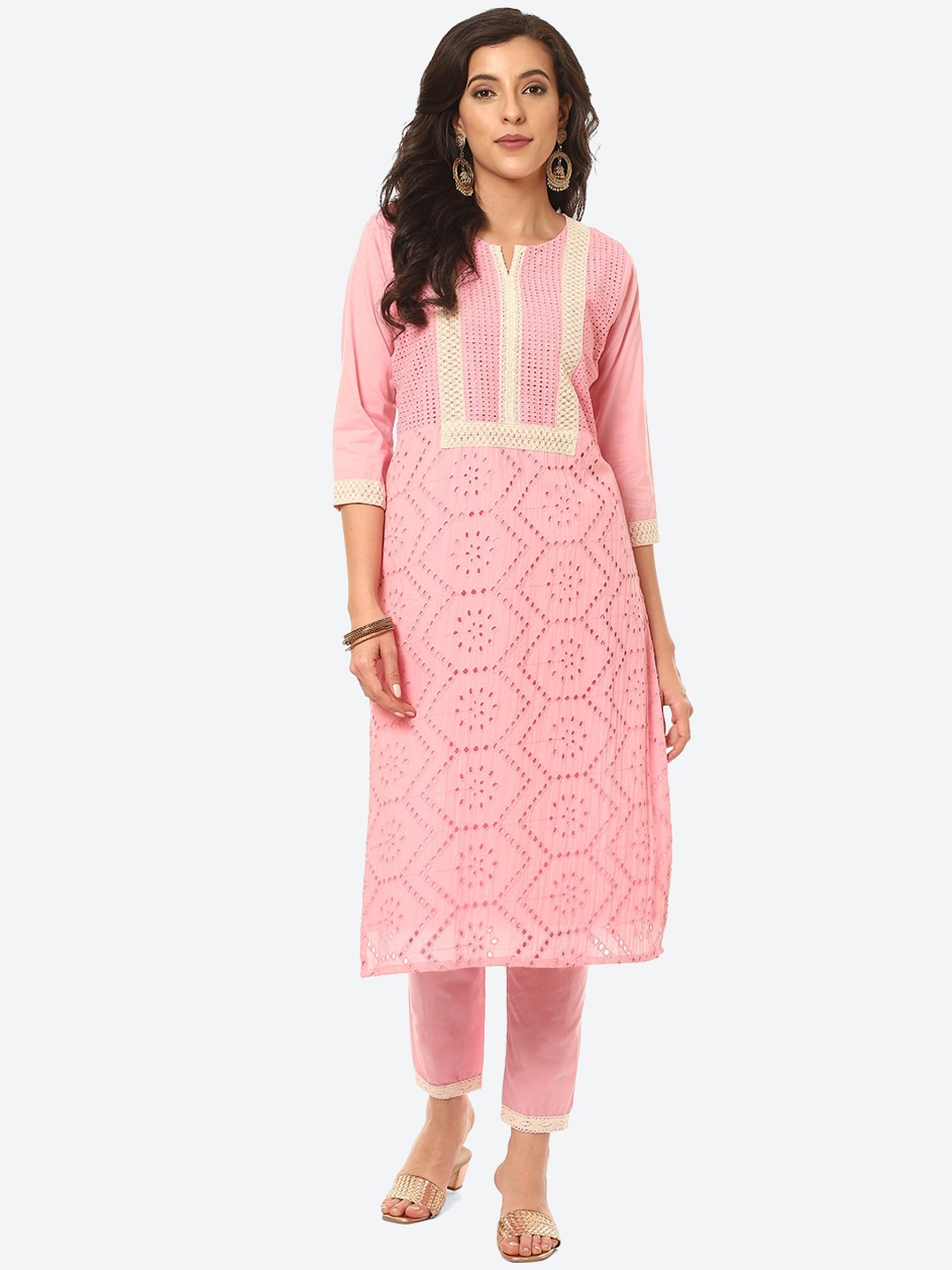 

Meena Bazaar Women Pink & Beige Self Design Pure Cotton Kurta with Trousers