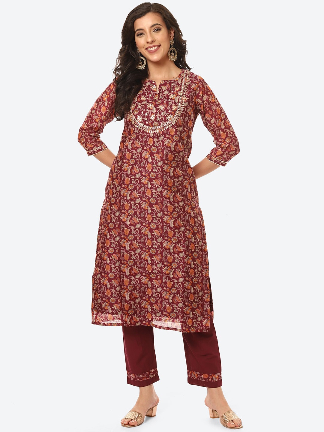 

Meena Bazaar Women Maroon Ethnic Motifs Printed Kurta with Trousers