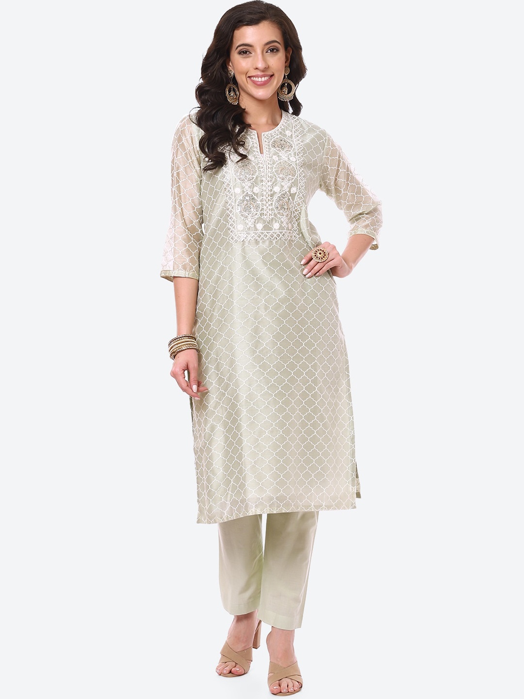 

Meena Bazaar Women Green & White Printed Kurta with Trousers