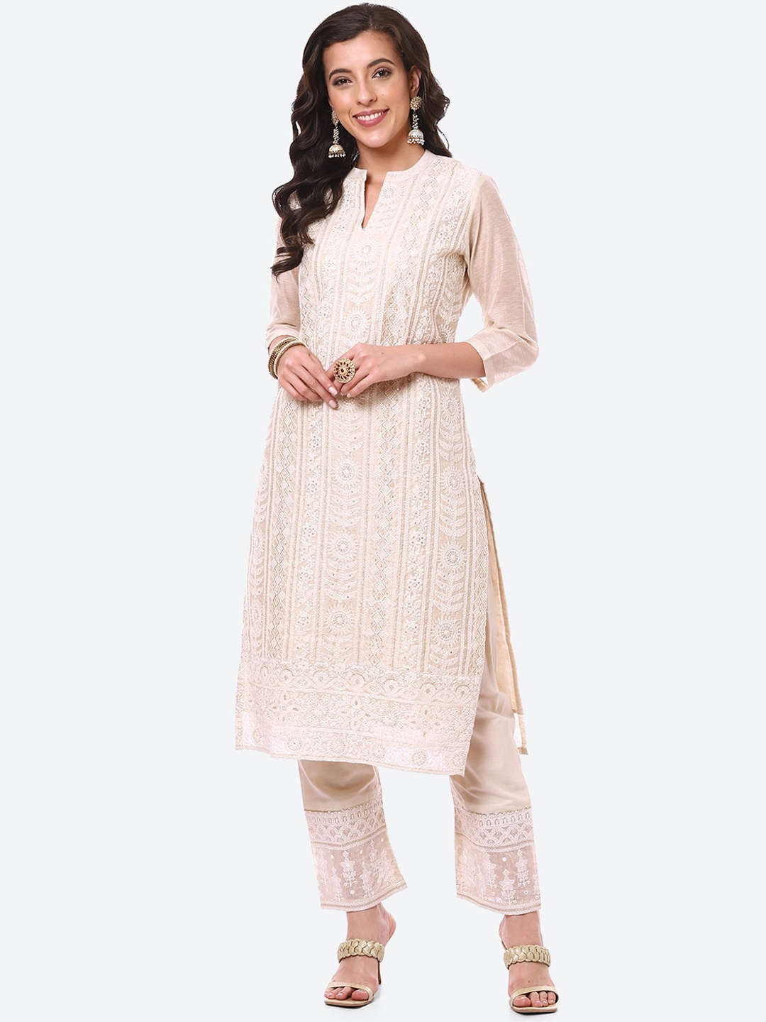 

Meena Bazaar Women Beige Ethnic Motifs Embroidered Thread Work Pure Cotton Kurta with Trousers
