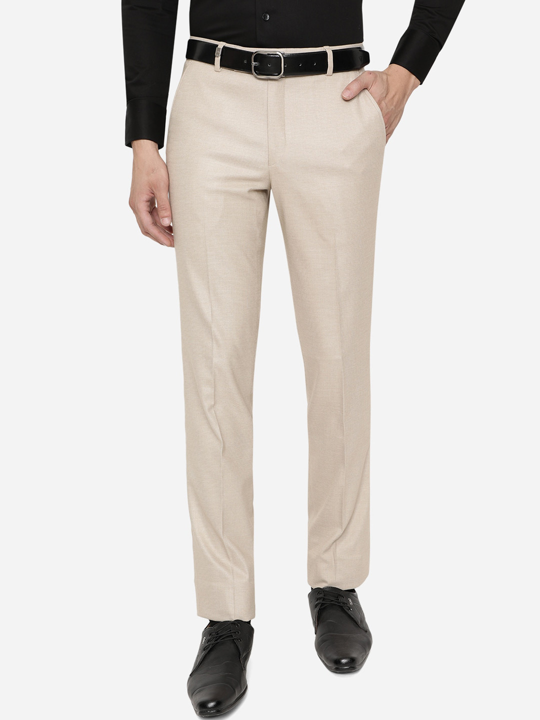 

JB STUDIO Men Beige Slim Fit Wrinkle Free Trousers
