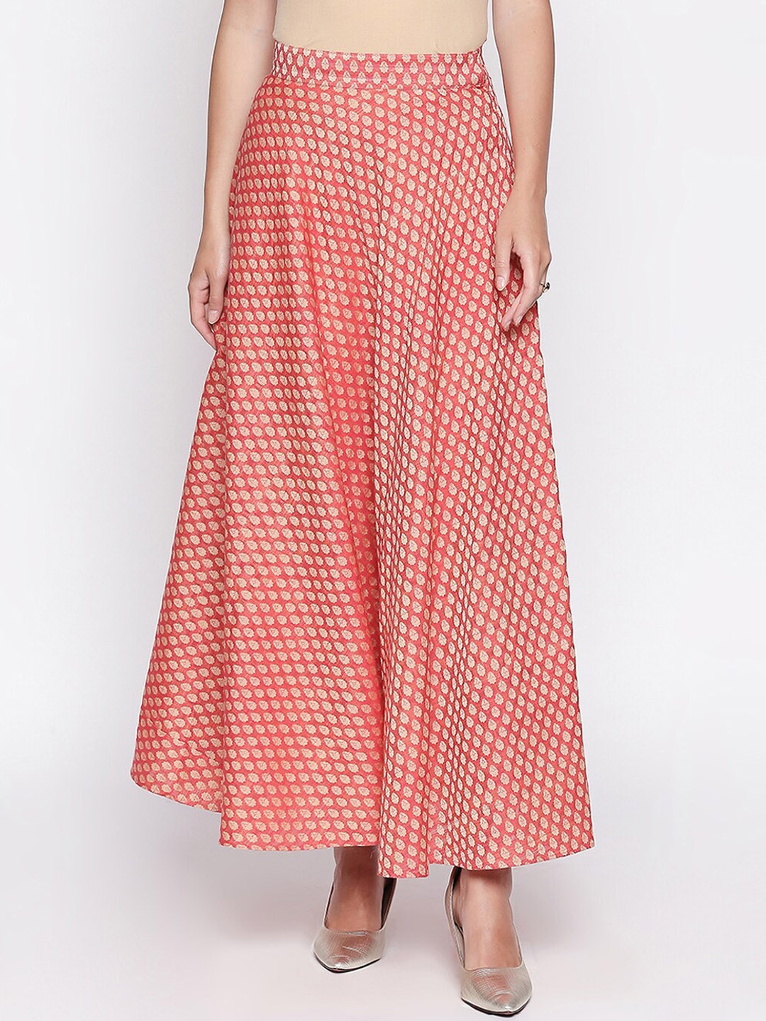 

Lobaanya Women Peach Jacquard Woven Design Maxi Skirt