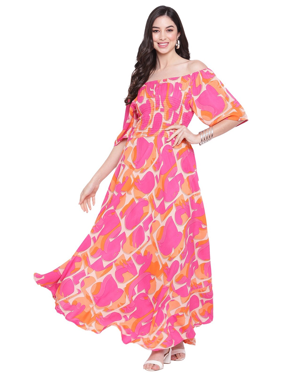 

Aawari Pink & Yellow Off-Shoulder Smocked Maxi Dress