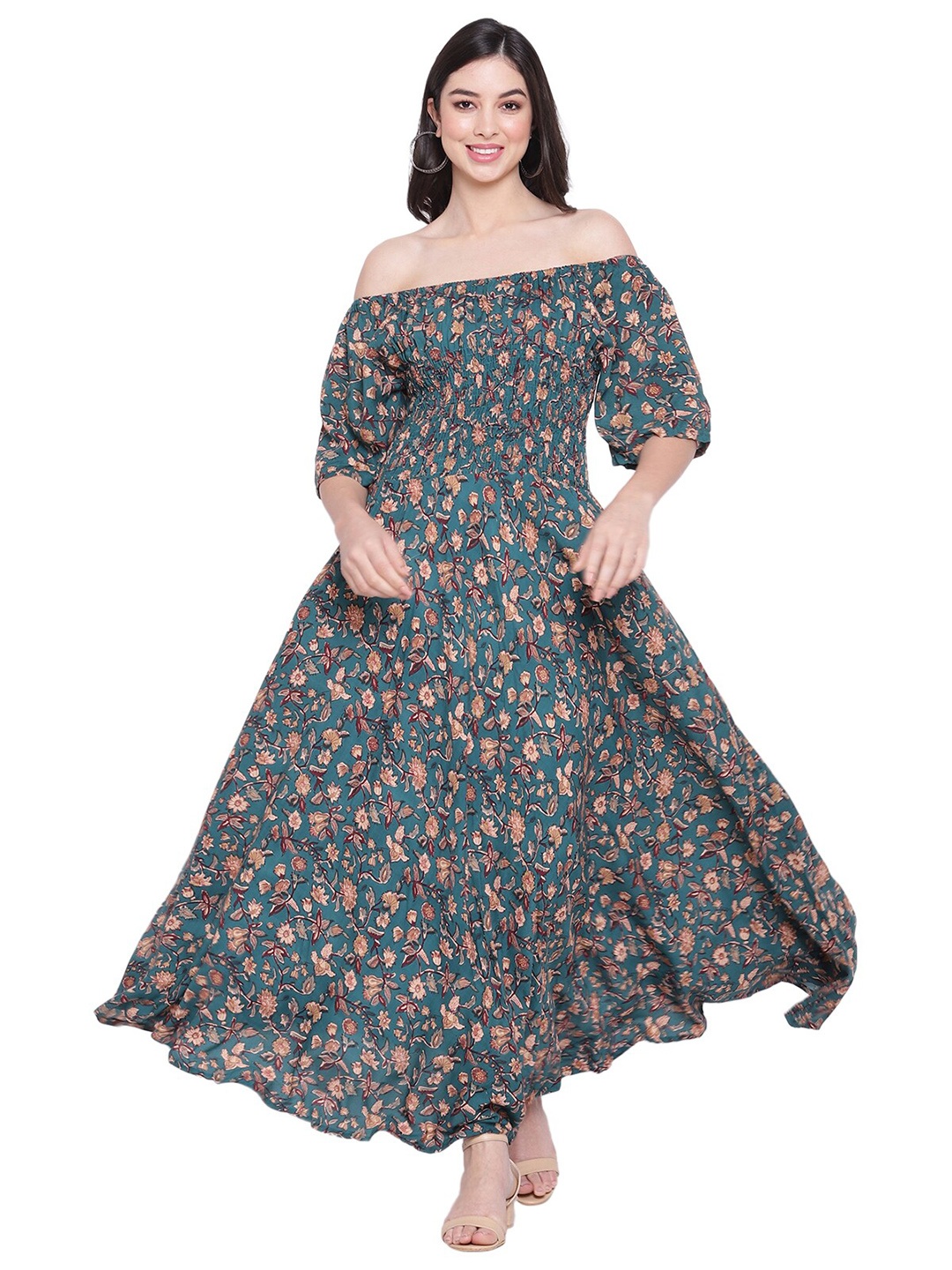 

Aawari Green Floral Off-Shoulder Smocked Maxi Dress