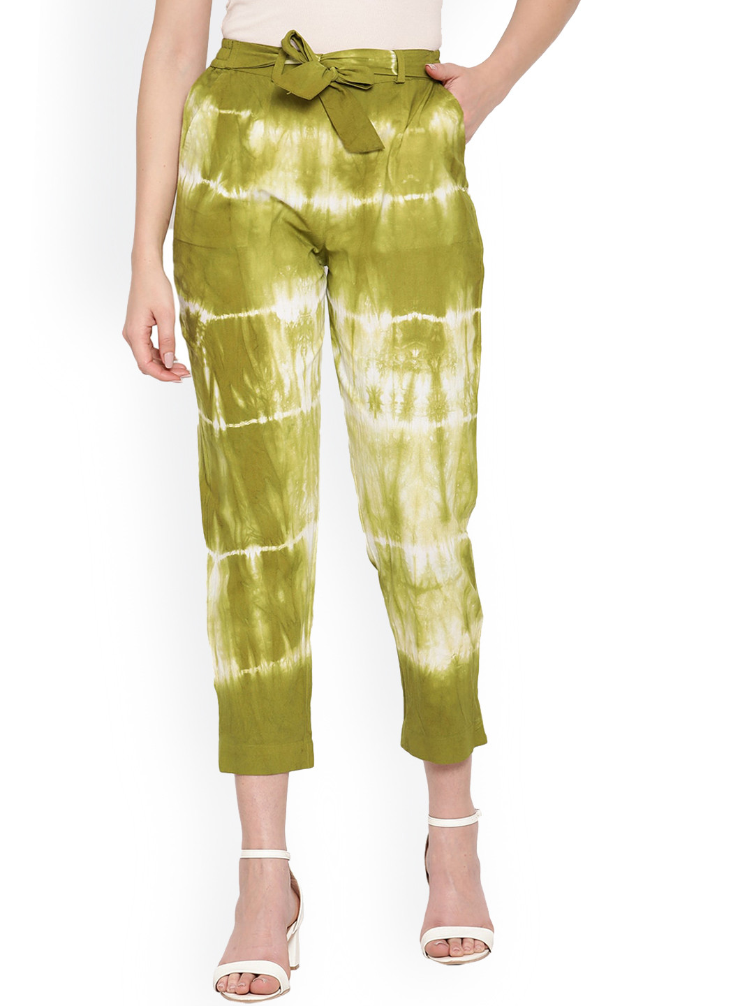 

Aawari Women Green Tie and Dye Printed Relaxed Cotton High-Rise Trousers