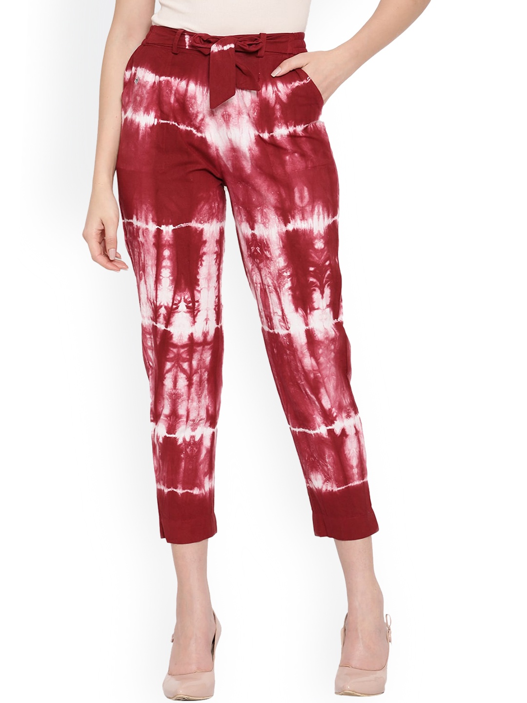 

Aawari Women Maroon Tie and Dye Printed Relaxed Cotton High-Rise Trousers