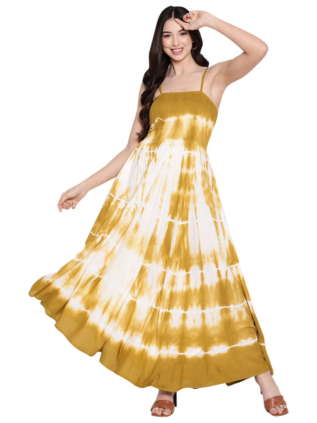 

Aawari Mustard Yellow Tie and Dye Dyed Smocked Maxi Dress