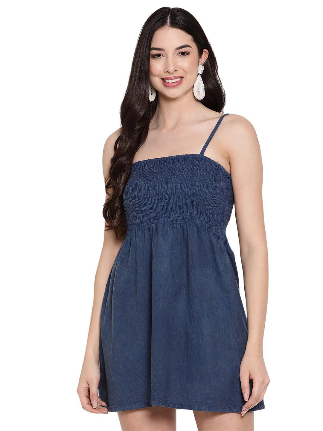 

Aawari Blue Smocked Fit & Flare Mini Dress