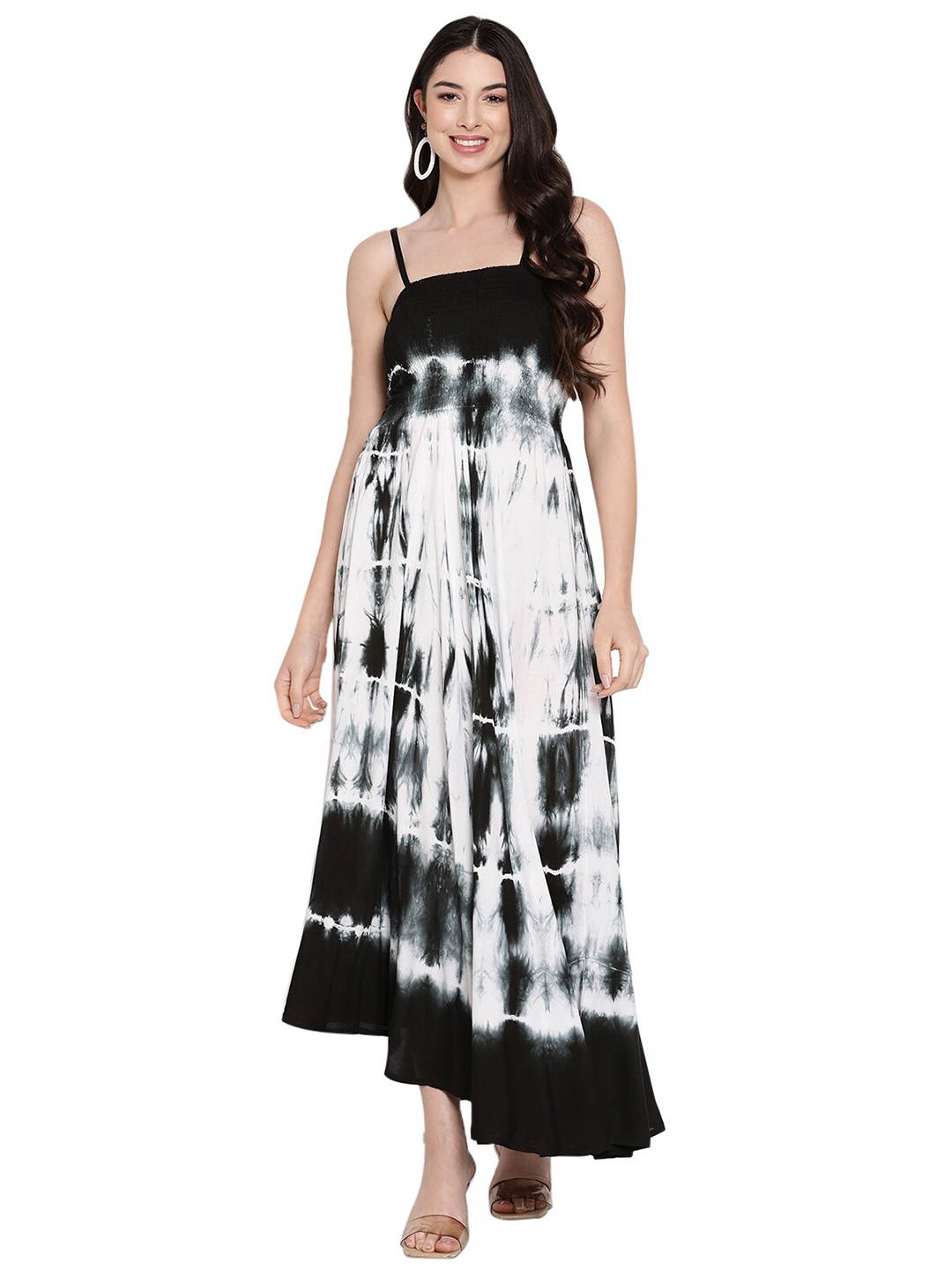 

Aawari Black & White Tie and Dye Smocked Maxi Dress