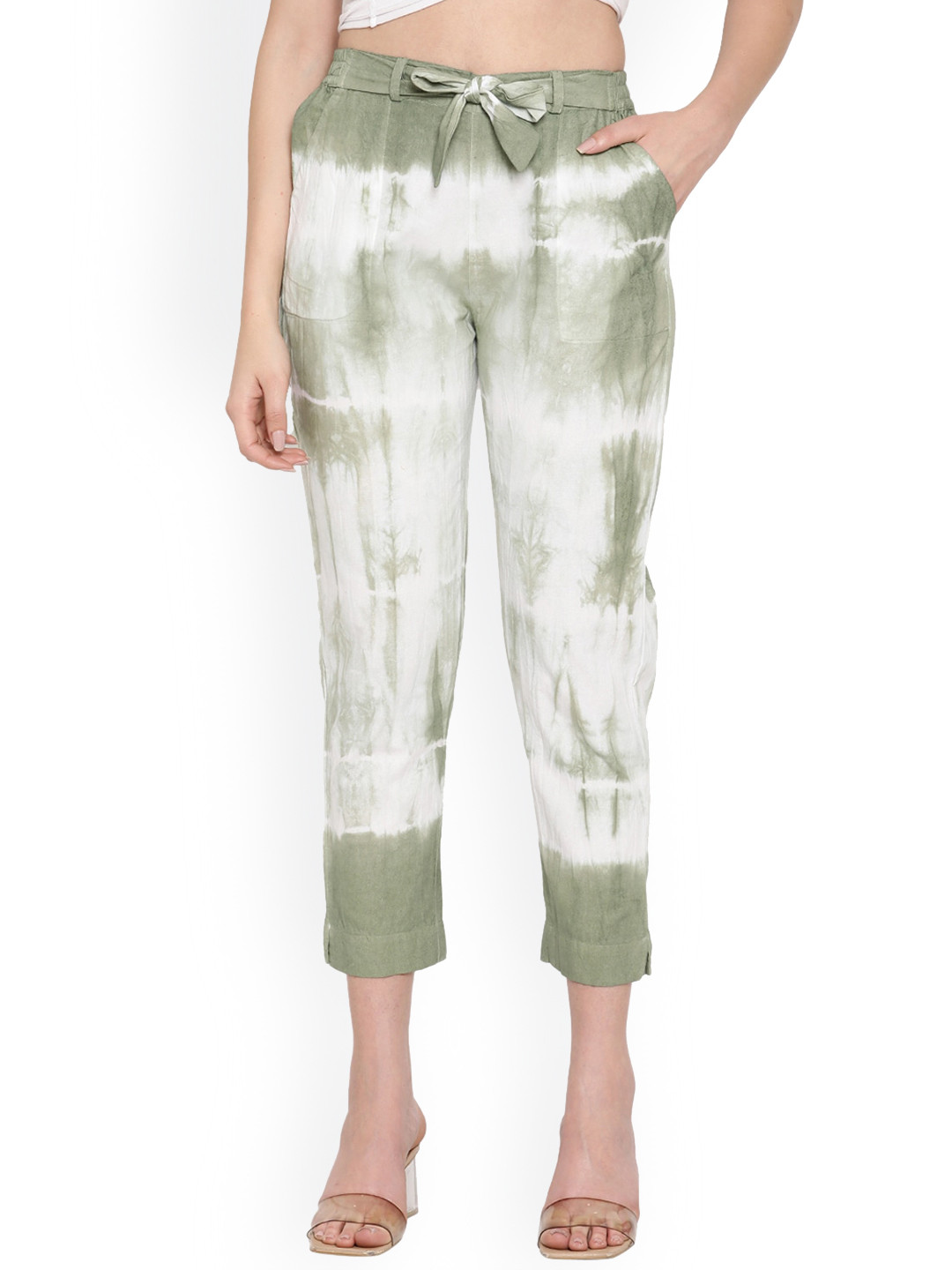 

Aawari Women Green Tie and Dye Printed Relaxed Cotton High-Rise Trousers