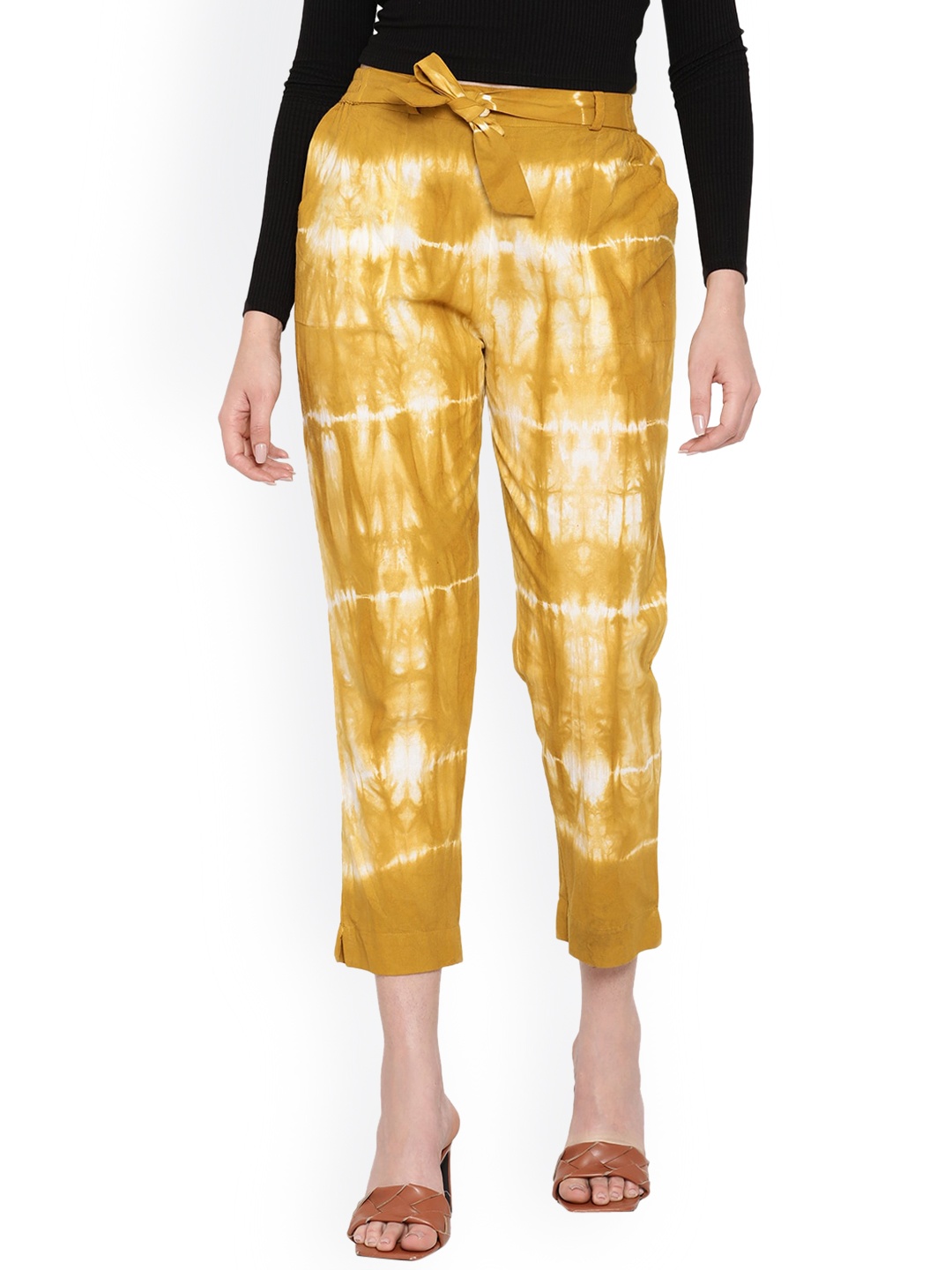 

Aawari Women Mustard Yellow Tie and Dye Printed Relaxed High-Rise Trousers