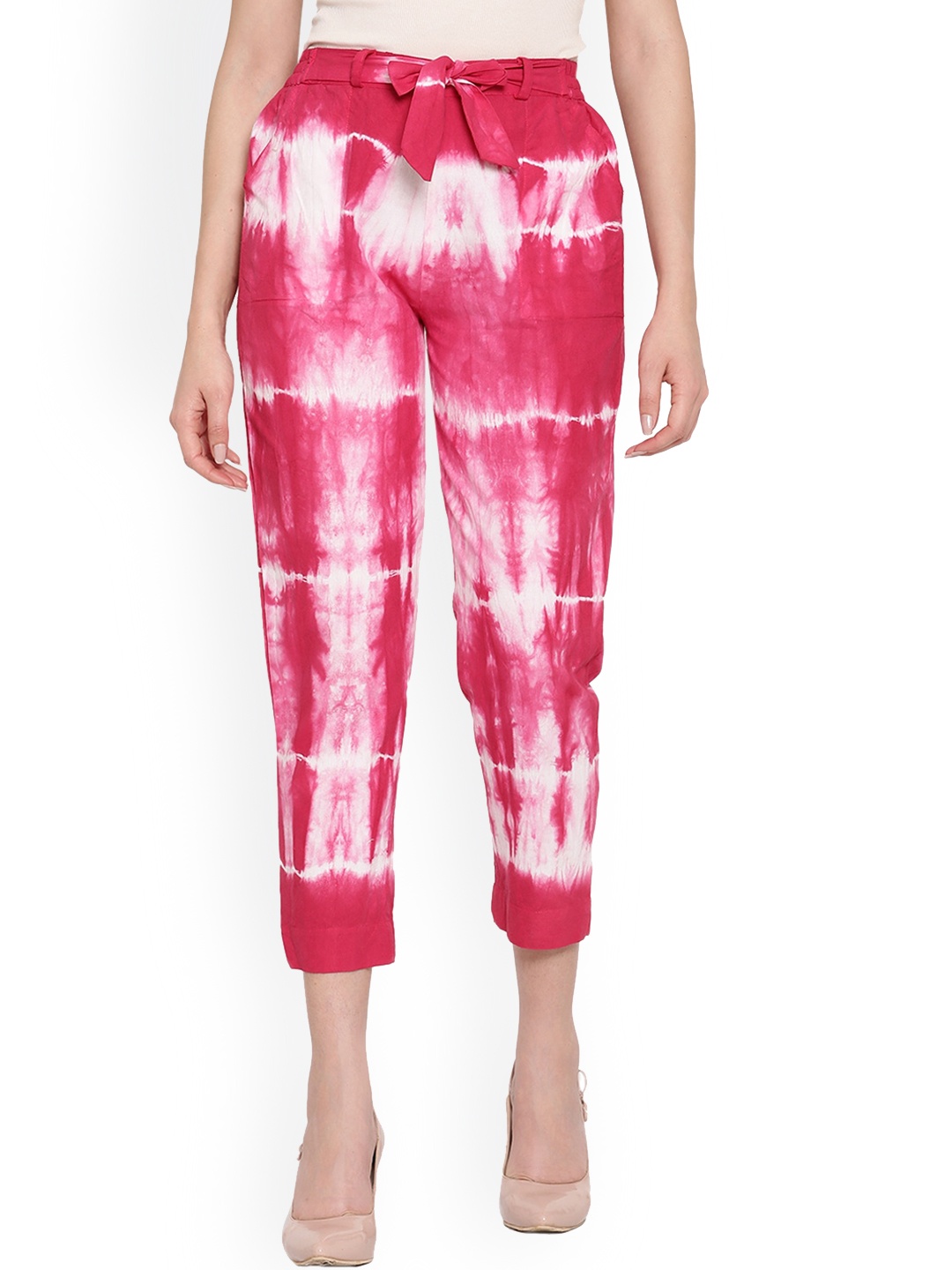 

Aawari Women Pink Tie and Dye Printed Relaxed High-Rise Trousers