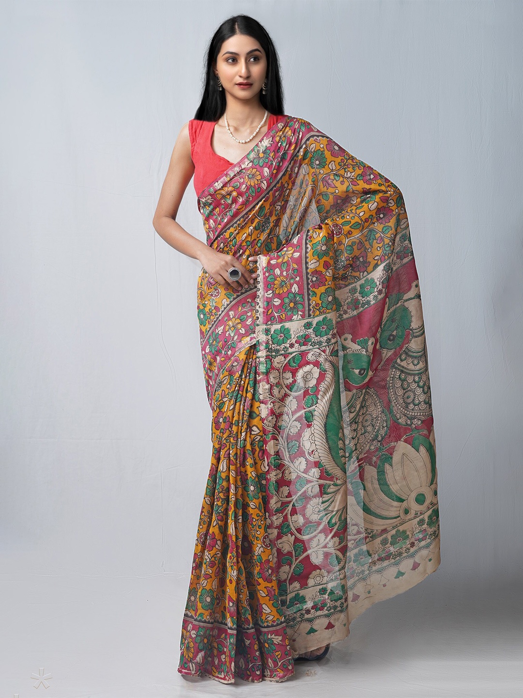 

Unnati Silks Yellow & Pink Kalamkari Silk Cotton Chanderi Saree