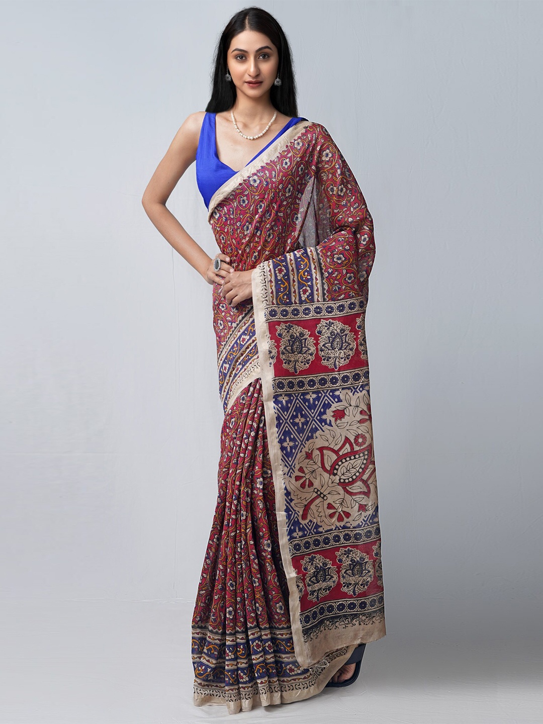 

Unnati Silks Red & Blue Kalamkari Silk Cotton Chanderi Saree