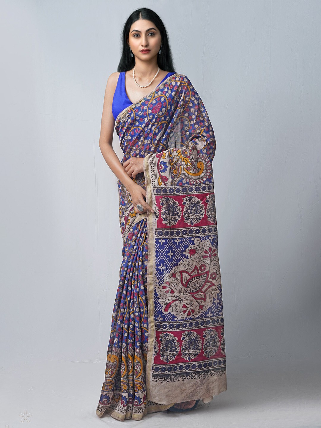 

Unnati Silks Blue & Maroon Kalamkari Silk Cotton Chanderi Saree