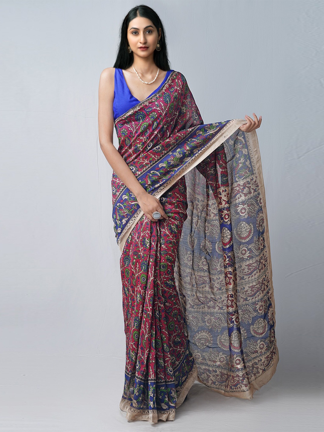 

Unnati Silks Red & Blue Kalamkari Zari Silk Cotton Chanderi Saree
