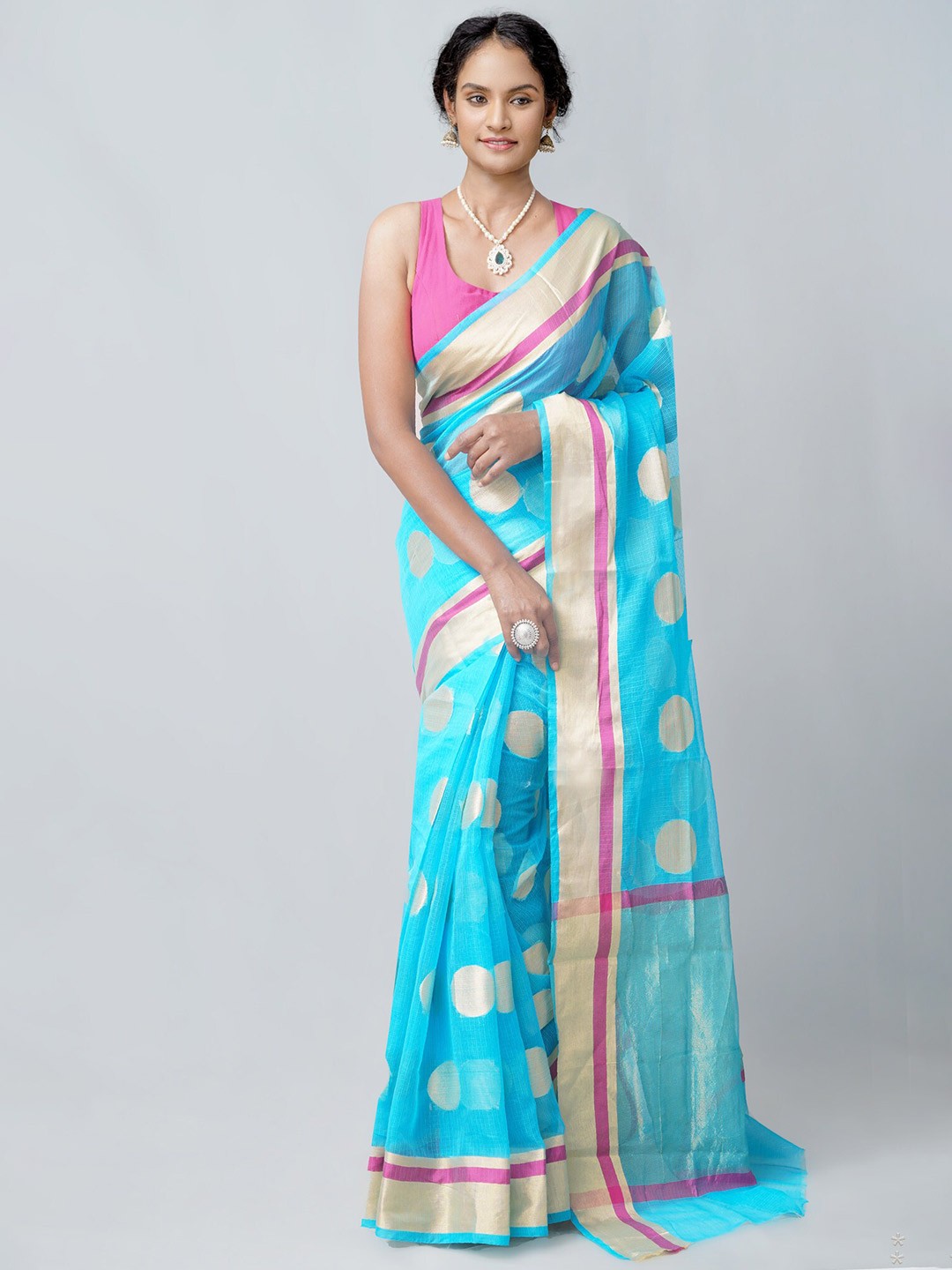 

Unnati Silks Blue & Pink Woven Design Silk Blend Kota Saree