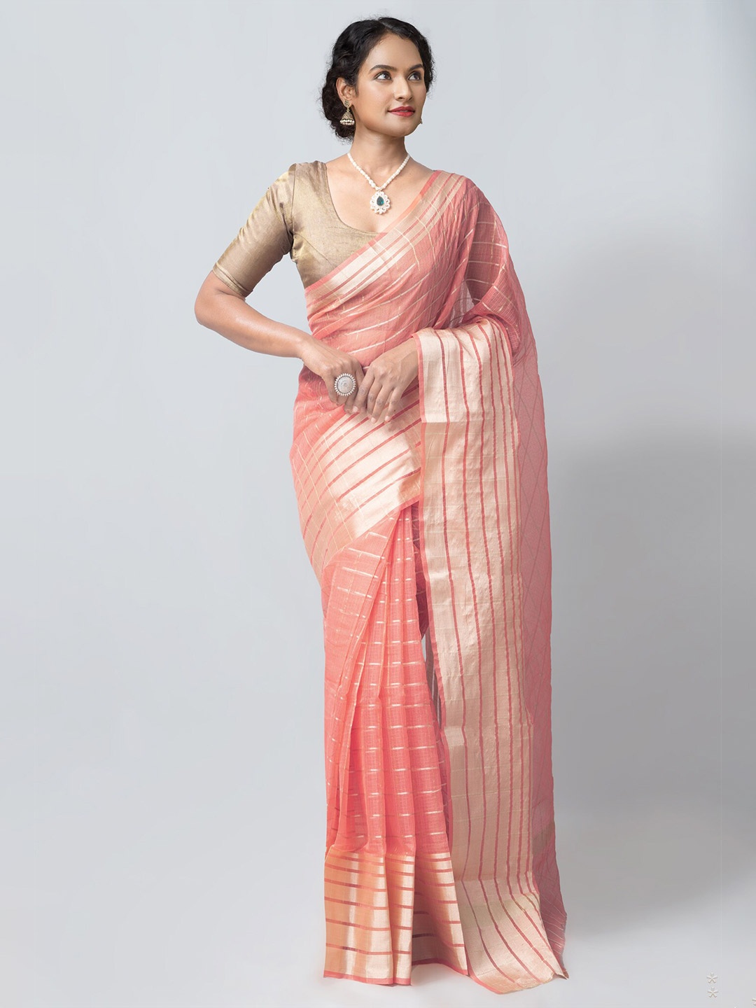 

Unnati Silks Peach-Coloured & Silver-Toned Woven Design Zari Silk Blend Kota Saree