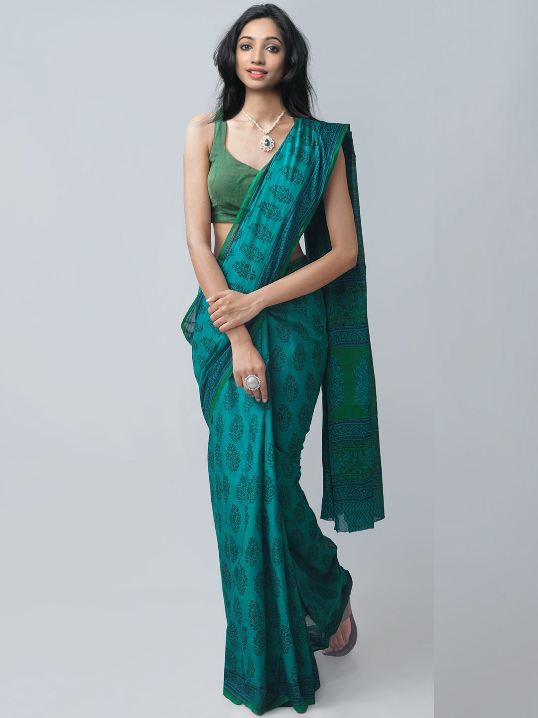 

Unnati Silks Teal Green Ethnic Motifs Handloom Sustainable Pure Cotton Block Print Saree