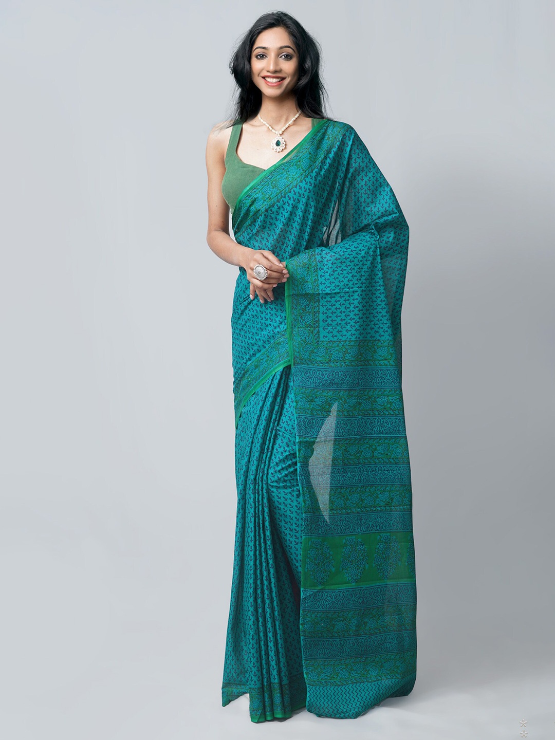 

Unnati Silks Green & Blue Ethnic Motifs Pure Cotton Block Print Saree