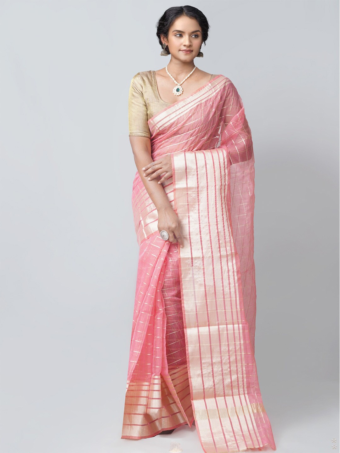 

Unnati Silks Peach & Silver Striped Zari Silk Blend Kota Saree