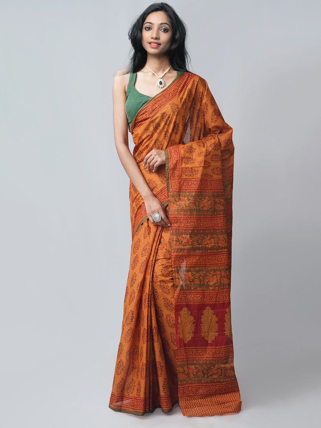 

Unnati Silks Orange & Brown Ethnic Motifs Handloom Pure Cotton Block Print Saree