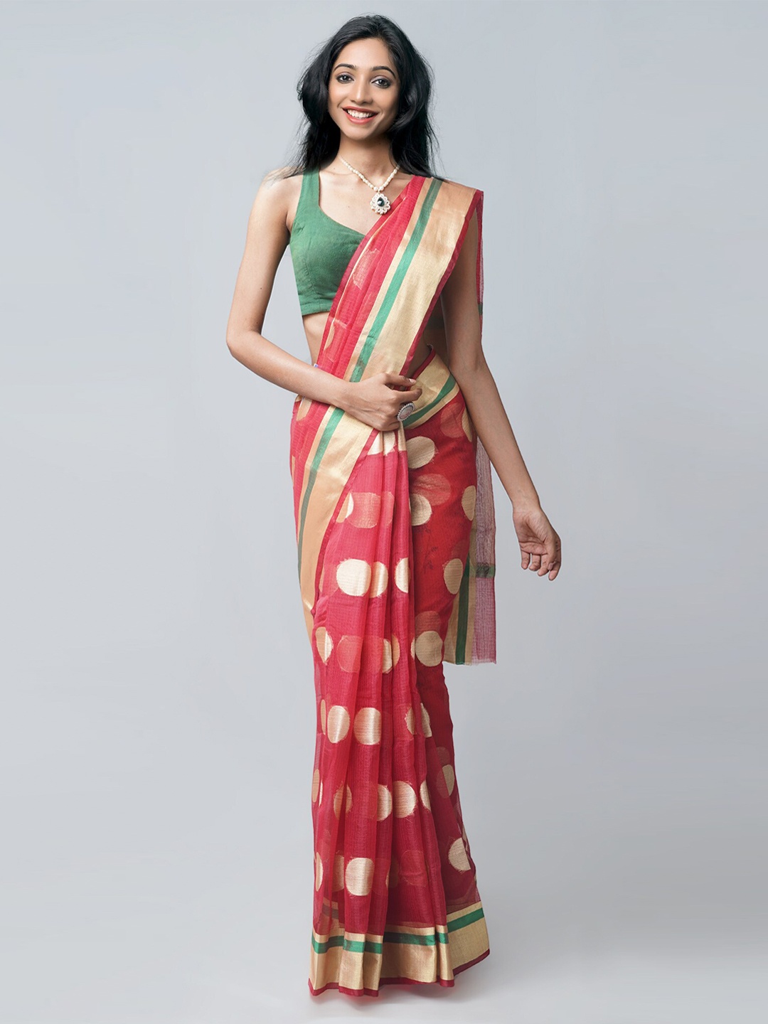 

Unnati Silks Red & Gold-Toned Woven Design Zari Silk Blend Kota Saree