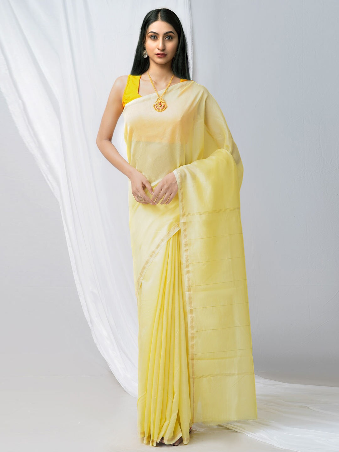 

Unnati Silks Yellow Zari Silk Cotton Handloom Chanderi Saree