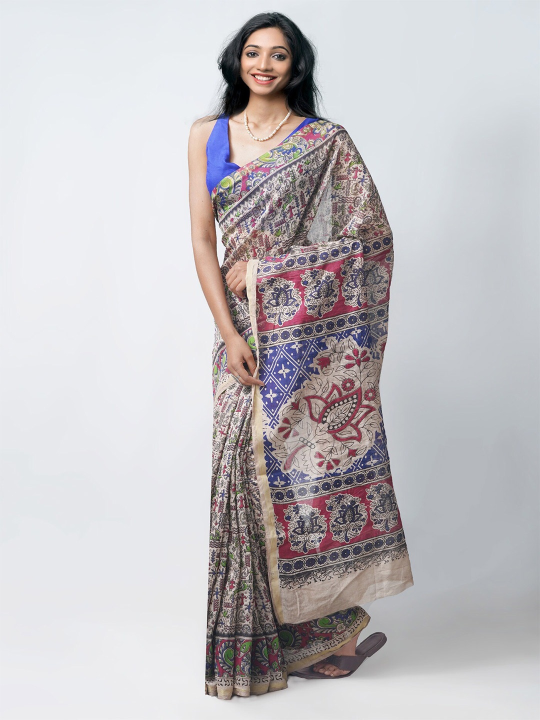 

Unnati Silks Beige & Purple Kalamkari Silk Cotton Chanderi Saree