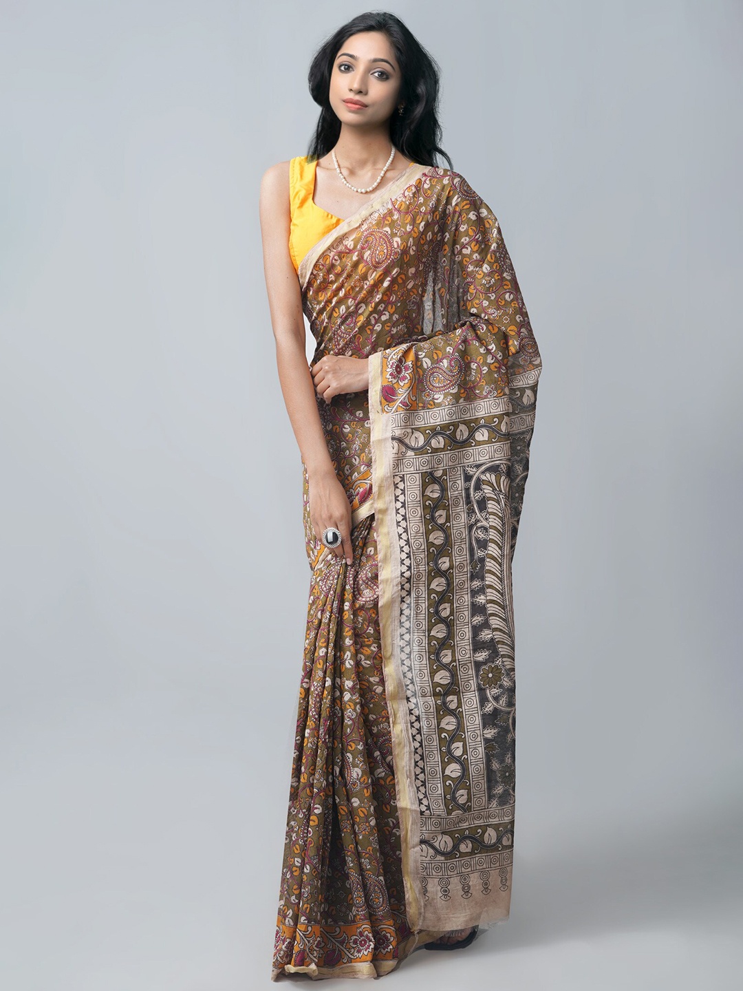 

Unnati Silks Green & Orange Kalamkari Silk Cotton Chanderi Saree