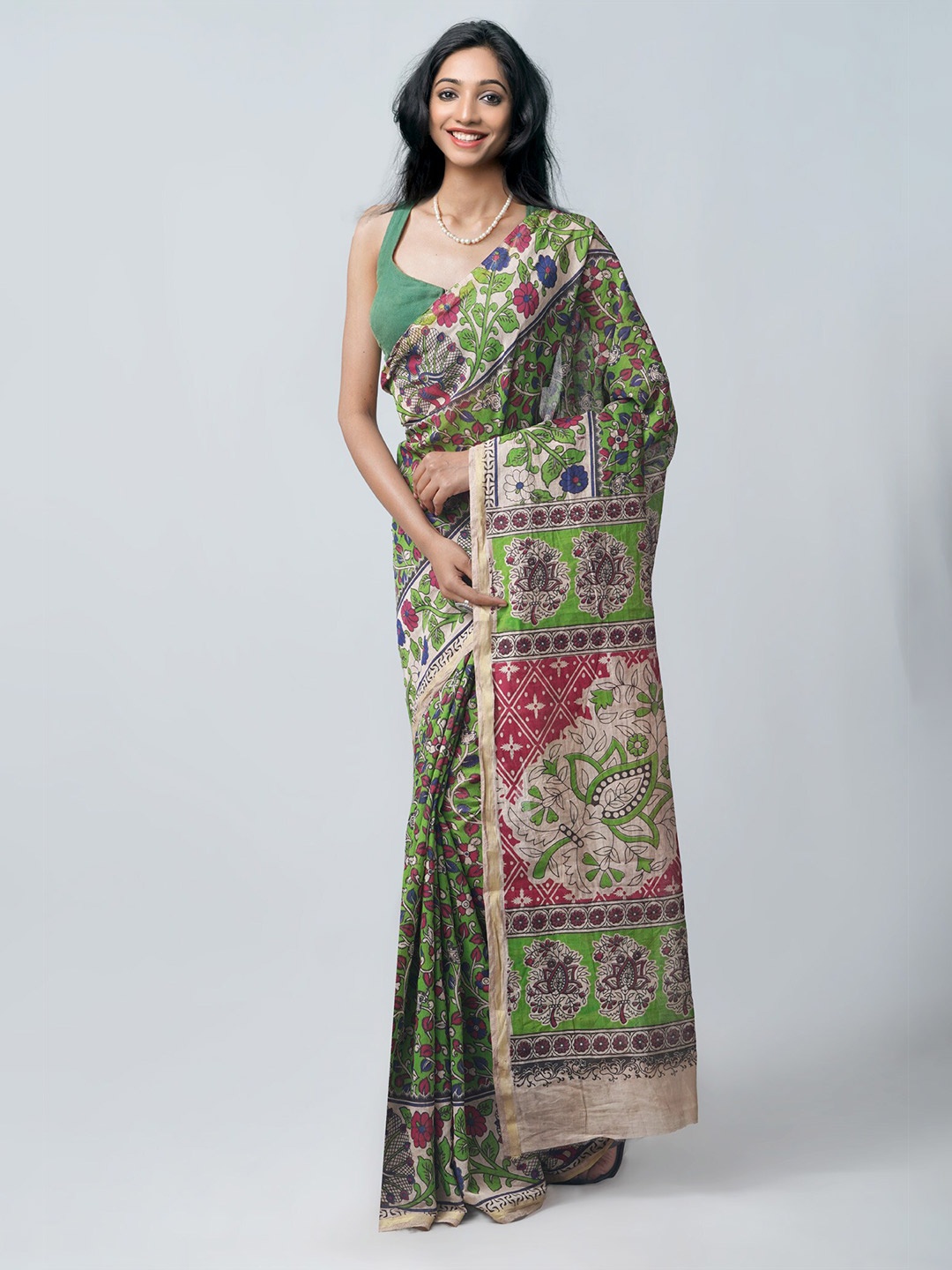 

Unnati Silks Green & Pink Kalamkari Silk Cotton Chanderi Saree