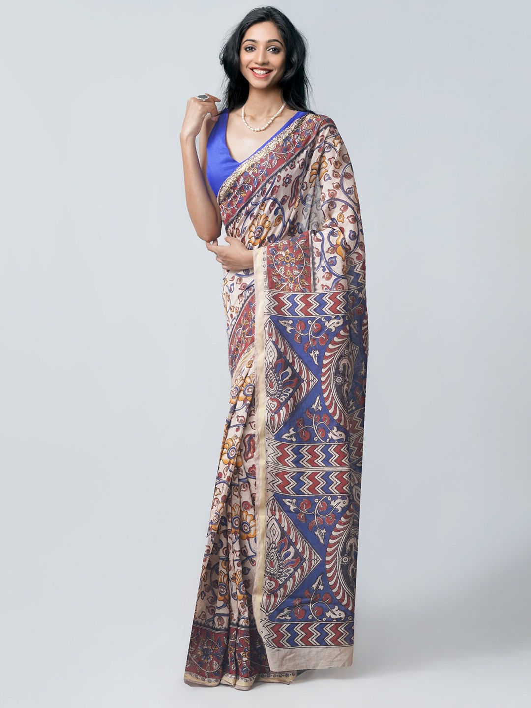 

Unnati Silks Blue & Red Kalamkari Silk Cotton Chanderi Saree