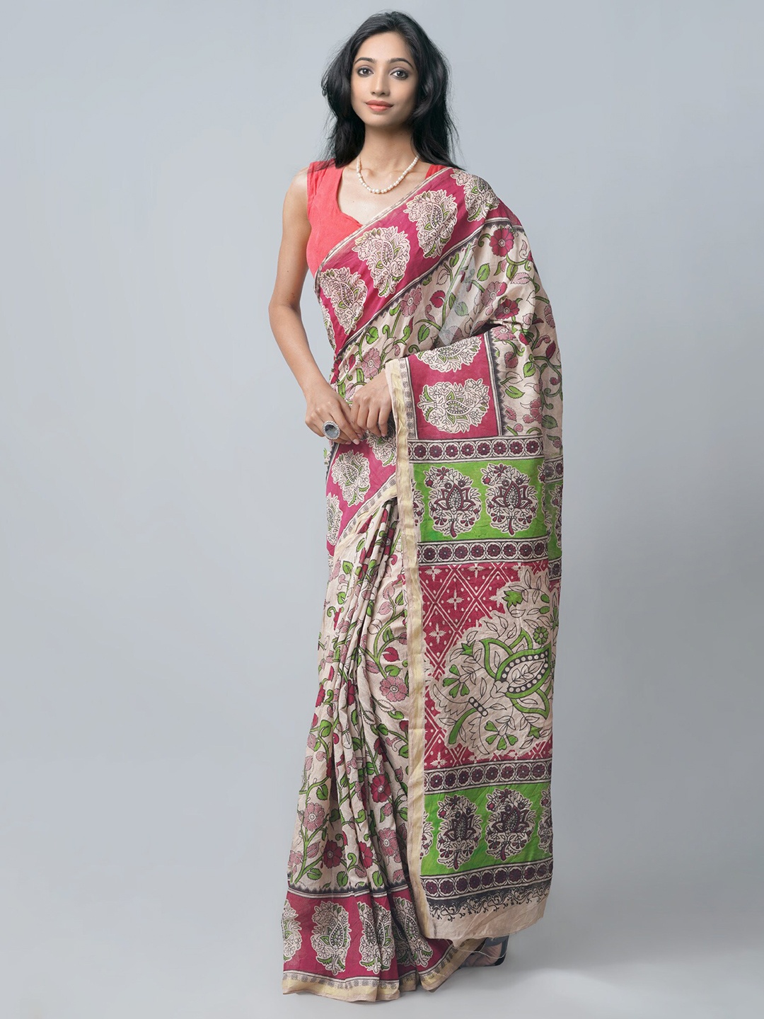 

Unnati Silks Maroon & Green Kalamkari Silk Cotton Chanderi Saree