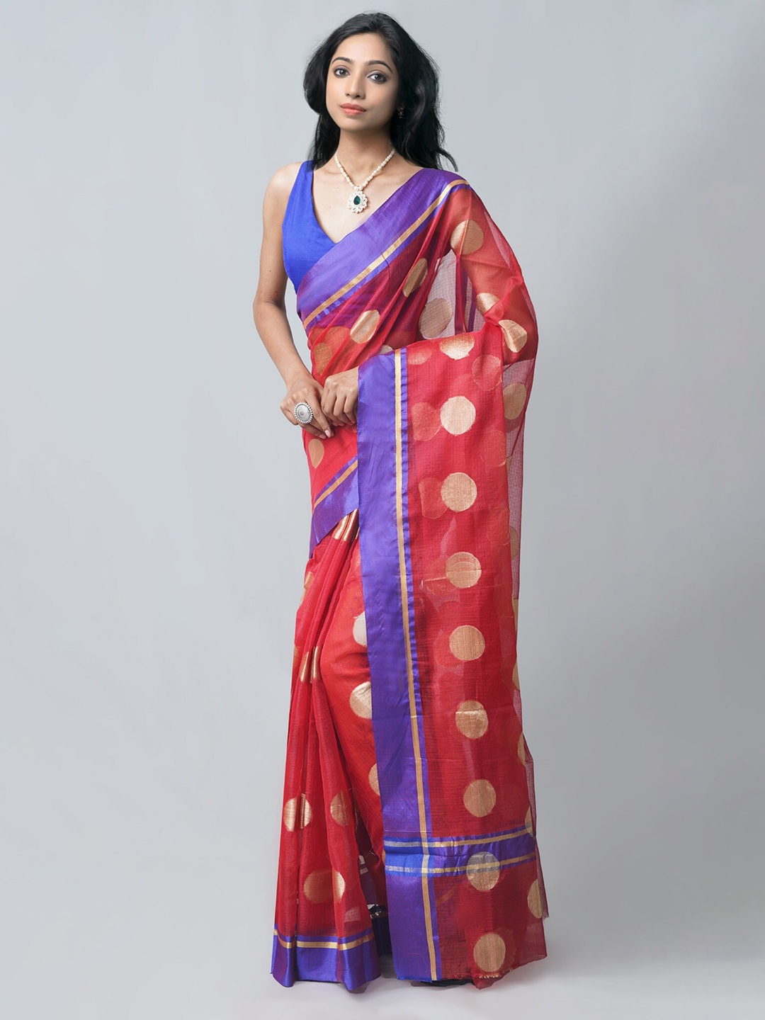 

Unnati Silks Red & Blue Woven Design Zari Silk Blend Kota Saree