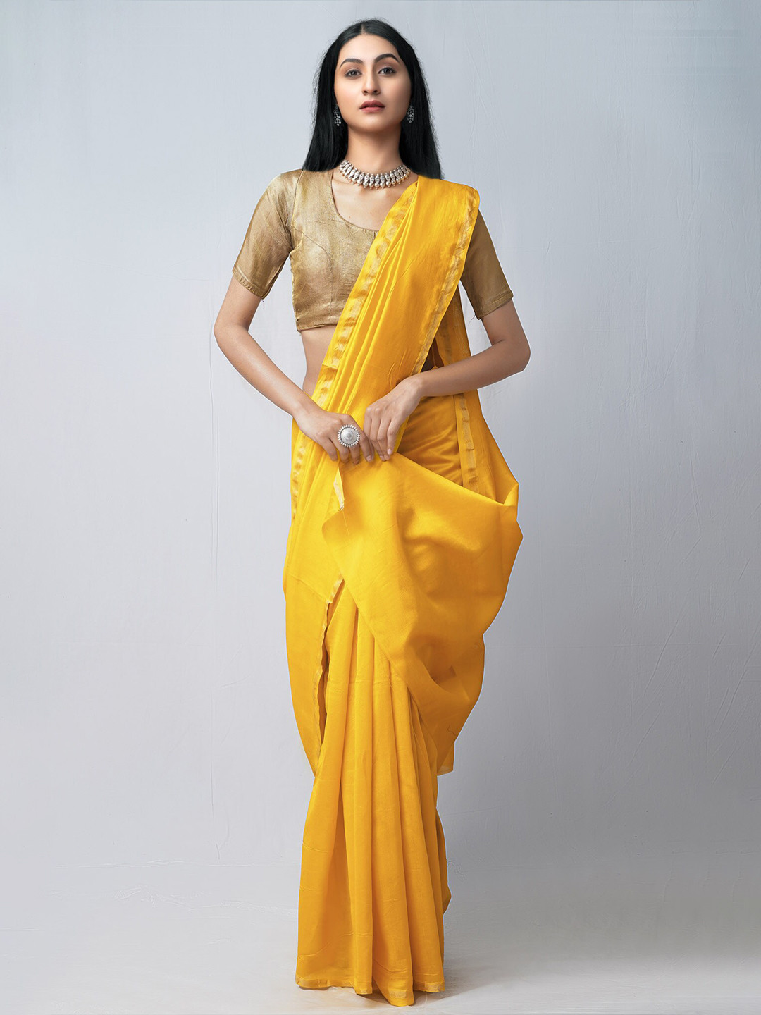 

Unnati Silks Yellow Woven Design Silk Cotton Chanderi Saree
