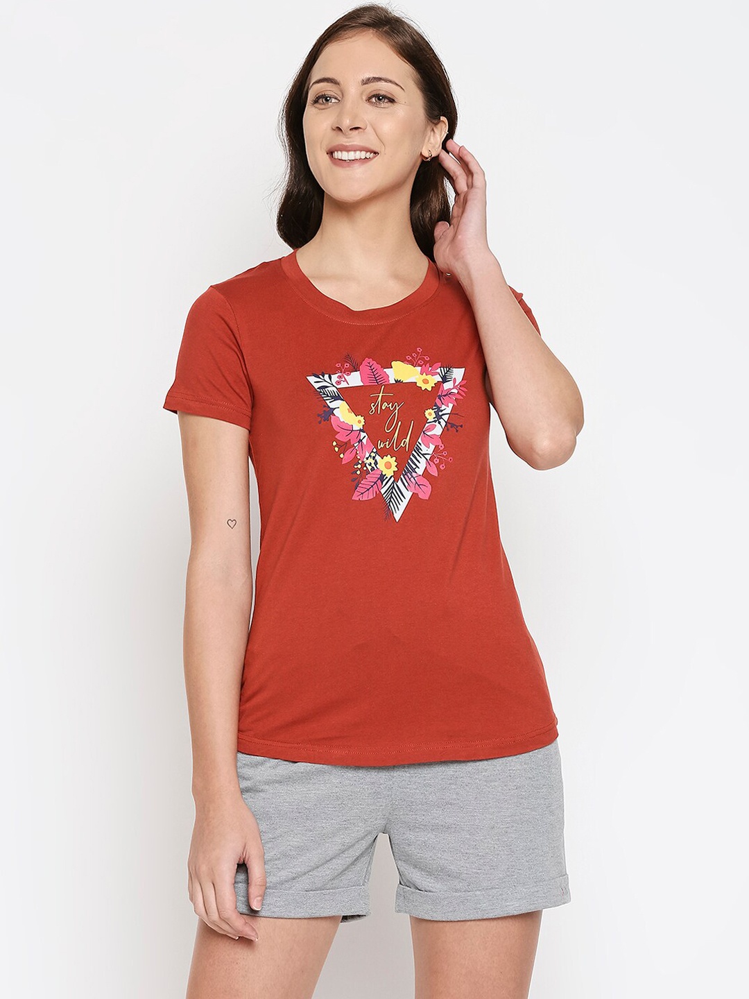 

XIN Women Red & Grey Printed Pure Cotton Night suit